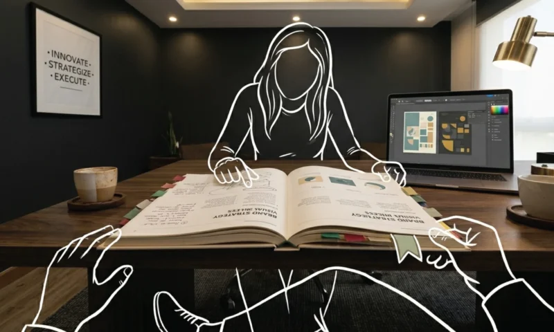An open brand guidelines document on a dark walnut desk in Nairobi, pages tabbed with coloured markers and annotated with handwritten notes in the margins