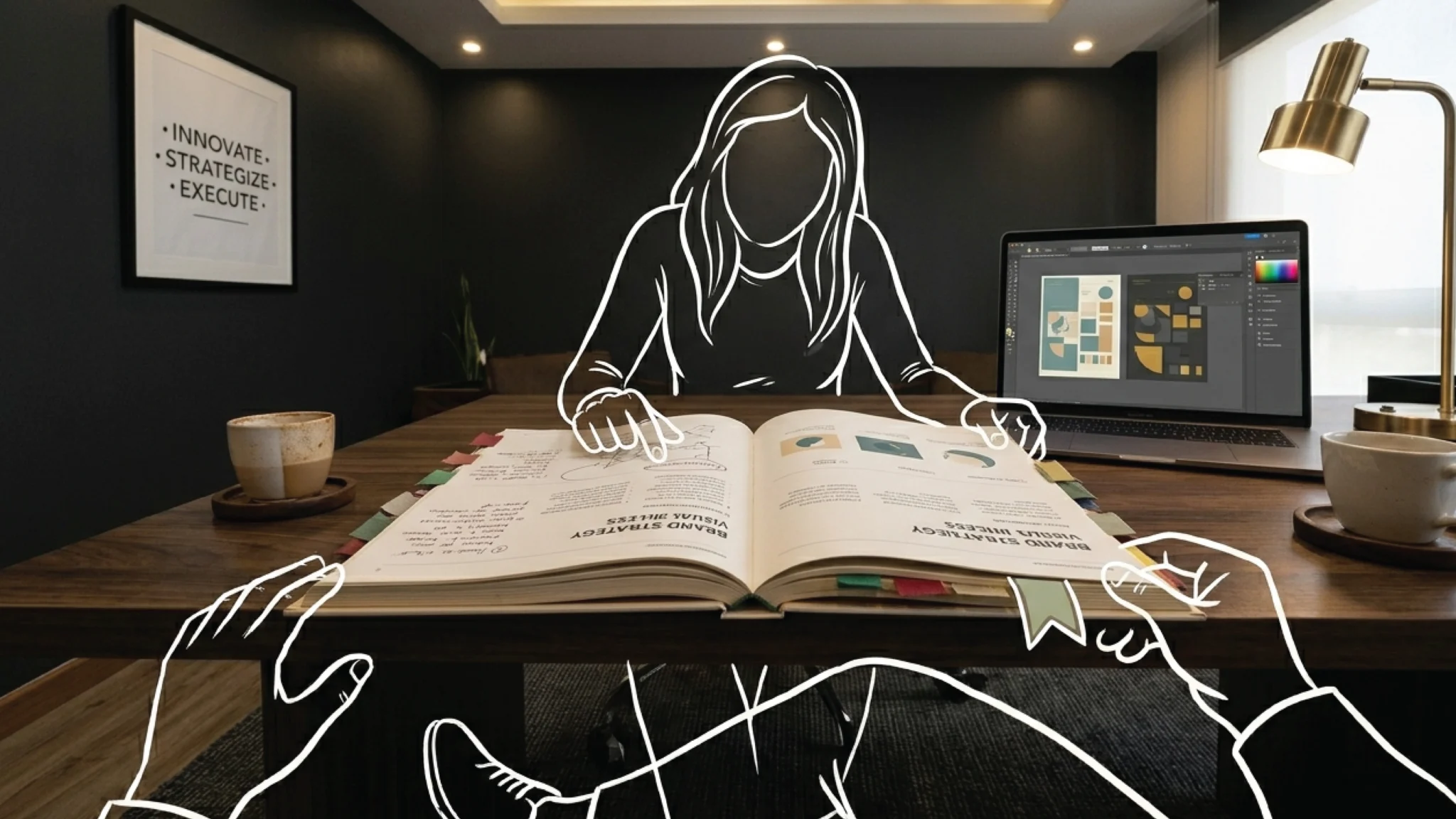 An open brand guidelines document on a dark walnut desk in Nairobi, pages tabbed with coloured markers and annotated with handwritten notes in the margins