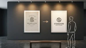 A gallery-style interior wall with two large brand prints mounted side by side on deep charcoal, a dated mark on the left, a sharp modern version on the right