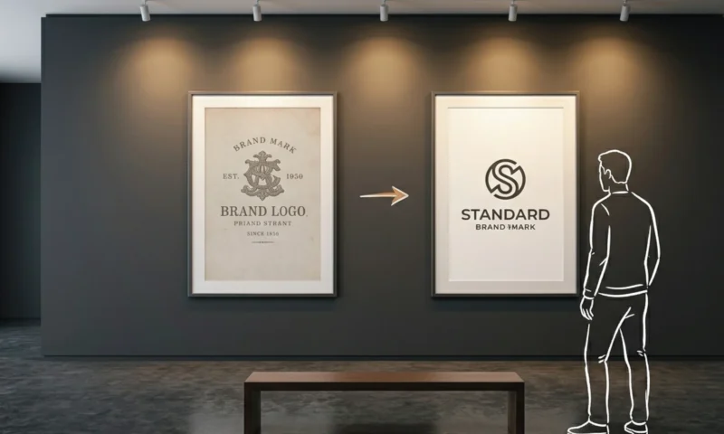 A gallery-style interior wall with two large brand prints mounted side by side on deep charcoal, a dated mark on the left, a sharp modern version on the right