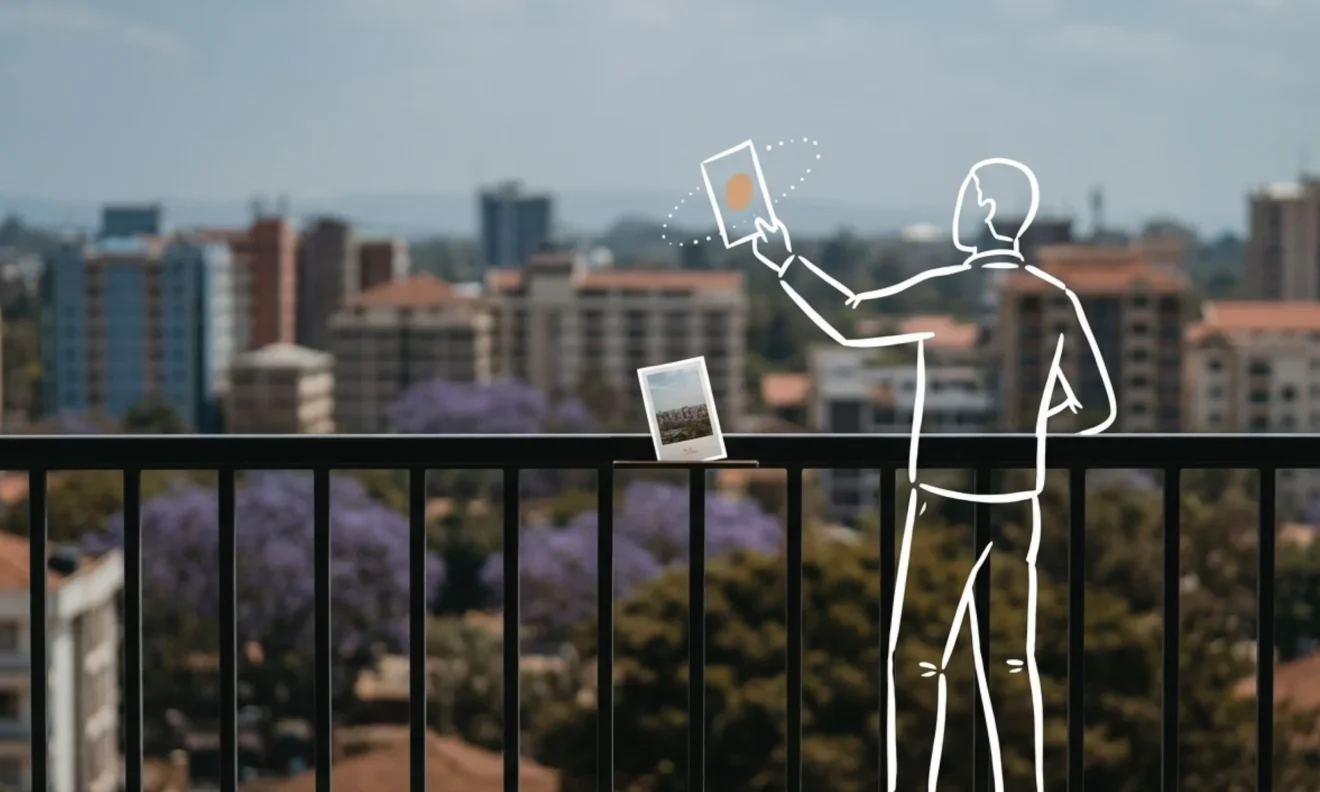 A dark metal railing on a Nairobi building balcony, a single small printed card propped against it, the city skyline soft beyond