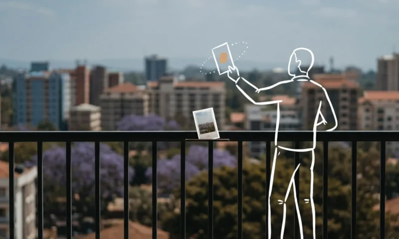 A dark metal railing on a Nairobi building balcony, a single small printed card propped against it, the city skyline soft beyond