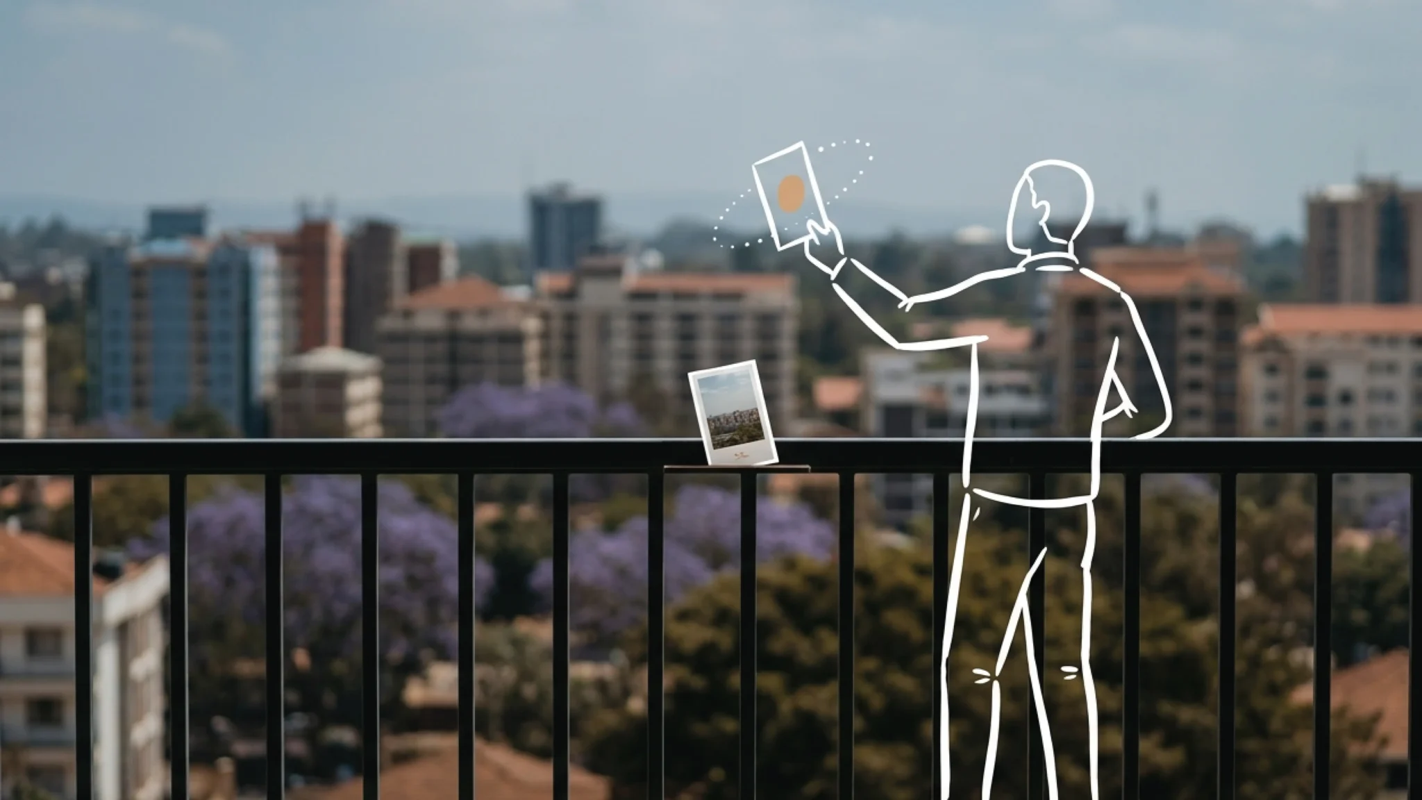 A dark metal railing on a Nairobi building balcony, a single small printed card propped against it, the city skyline soft beyond