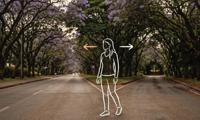 A tree-lined Nairobi avenue splitting into two distinct paths, jacaranda trees arching overhead, warm overcast light on dark tarmac