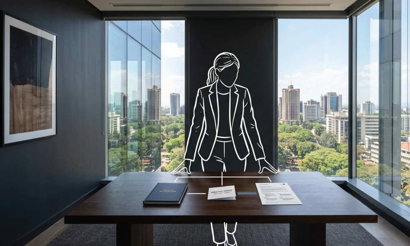 A premium Upper Hill Nairobi office interior with floor-to-ceiling windows, three brand deliverables arranged on a long dark walnut table, the city beyond the glass
