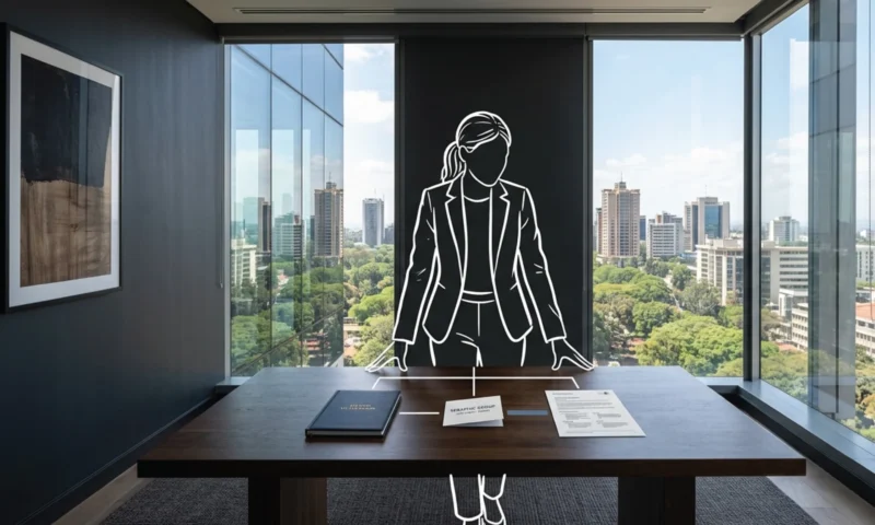 A premium Upper Hill Nairobi office interior with floor-to-ceiling windows, three brand deliverables arranged on a long dark walnut table, the city beyond the glass