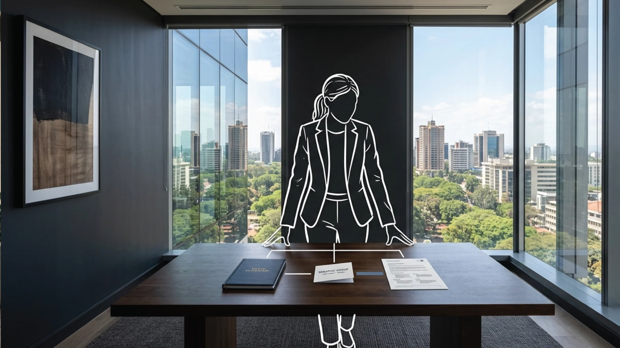 A premium Upper Hill Nairobi office interior with floor-to-ceiling windows, three brand deliverables arranged on a long dark walnut table, the city beyond the glass