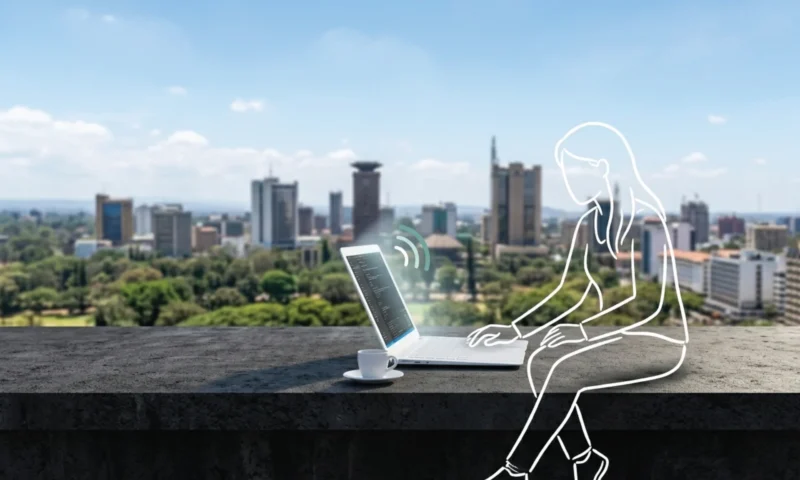 A slim open laptop on a dark concrete rooftop surface in Nairobi, the full city skyline stretching luminously behind it under a bright midday sky