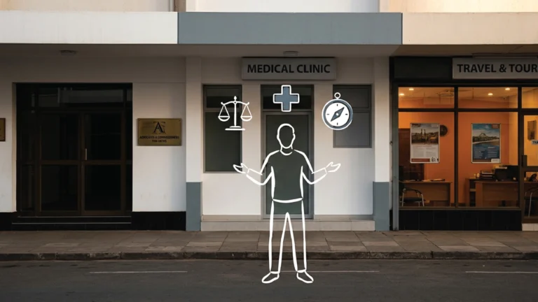 A wide Nairobi commercial street with three distinct service business frontages side by side, a law firm, a clinic, and a travel agency, compressed by telephoto lens