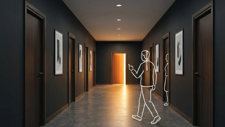 A long premium Nairobi office corridor with multiple closed dark timber doors, one door at the far end standing open with warm amber light spilling through