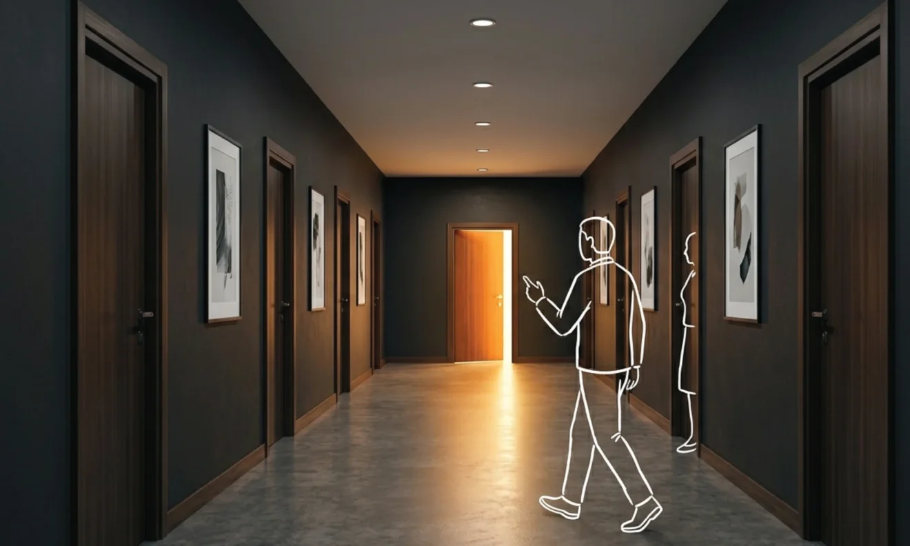 A long premium Nairobi office corridor with multiple closed dark timber doors, one door at the far end standing open with warm amber light spilling through