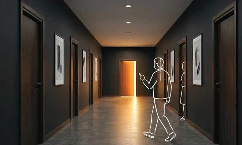 A long premium Nairobi office corridor with multiple closed dark timber doors, one door at the far end standing open with warm amber light spilling through