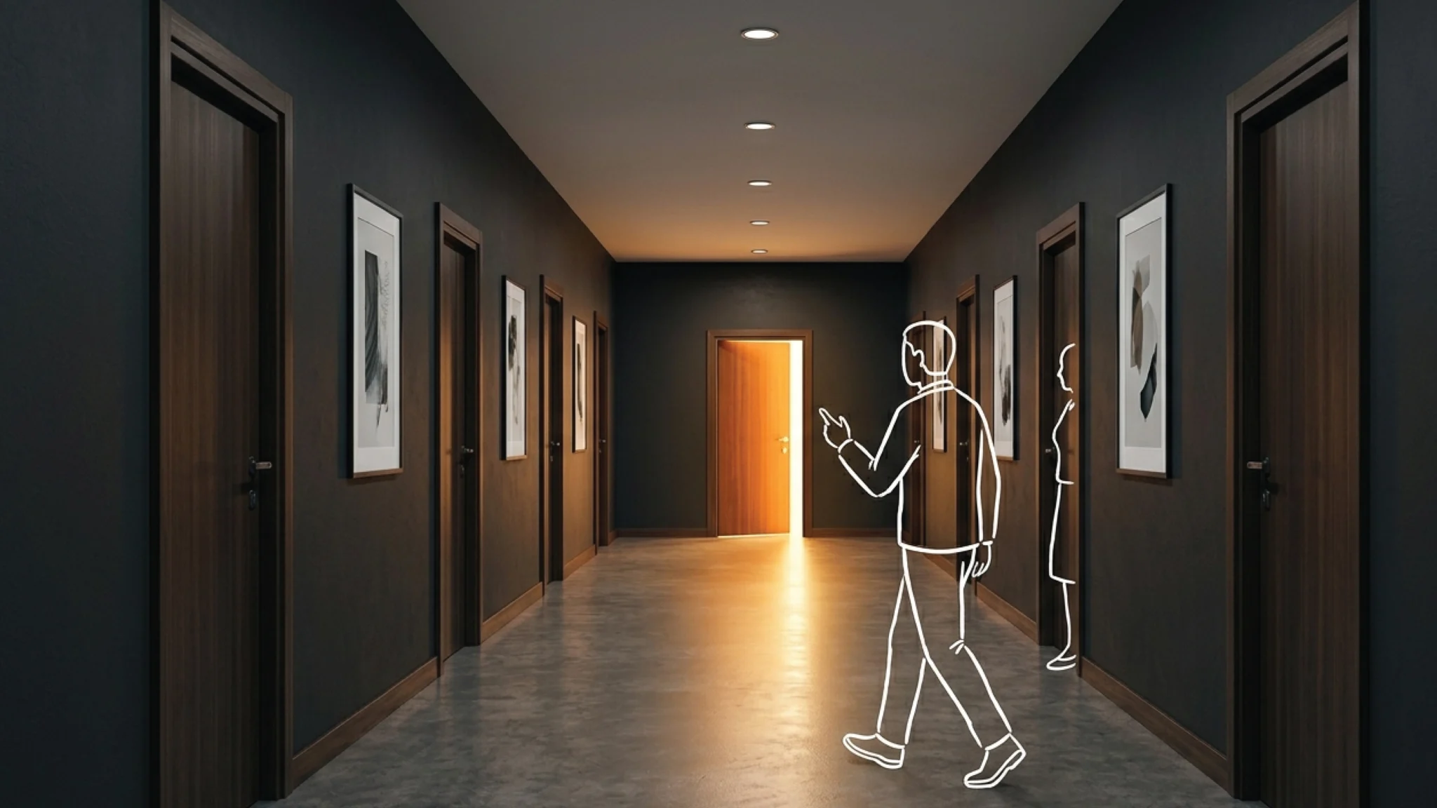 A long premium Nairobi office corridor with multiple closed dark timber doors, one door at the far end standing open with warm amber light spilling through