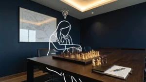 A chess set mid-game on a dark timber table in a premium Nairobi interior with deep navy walls, pieces positioned in considered play