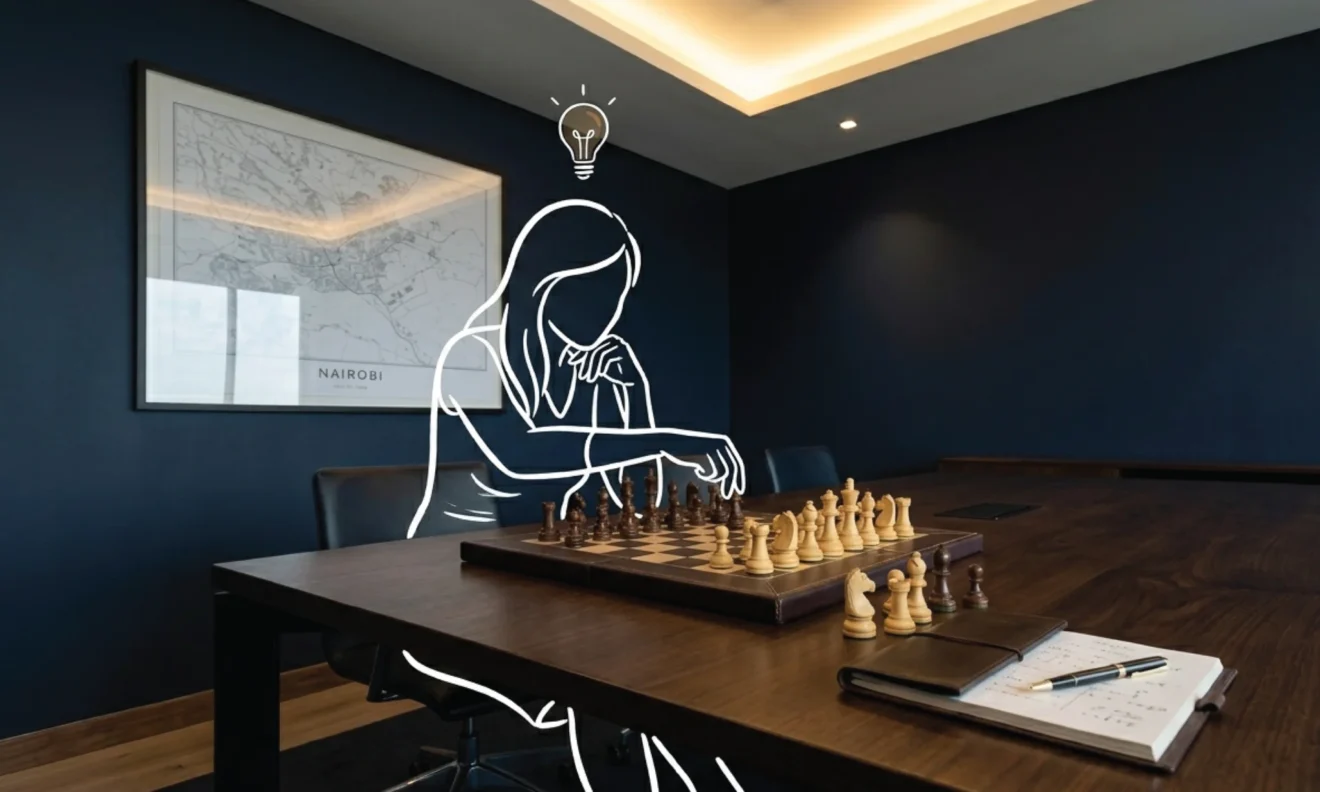 A chess set mid-game on a dark timber table in a premium Nairobi interior with deep navy walls, pieces positioned in considered play
