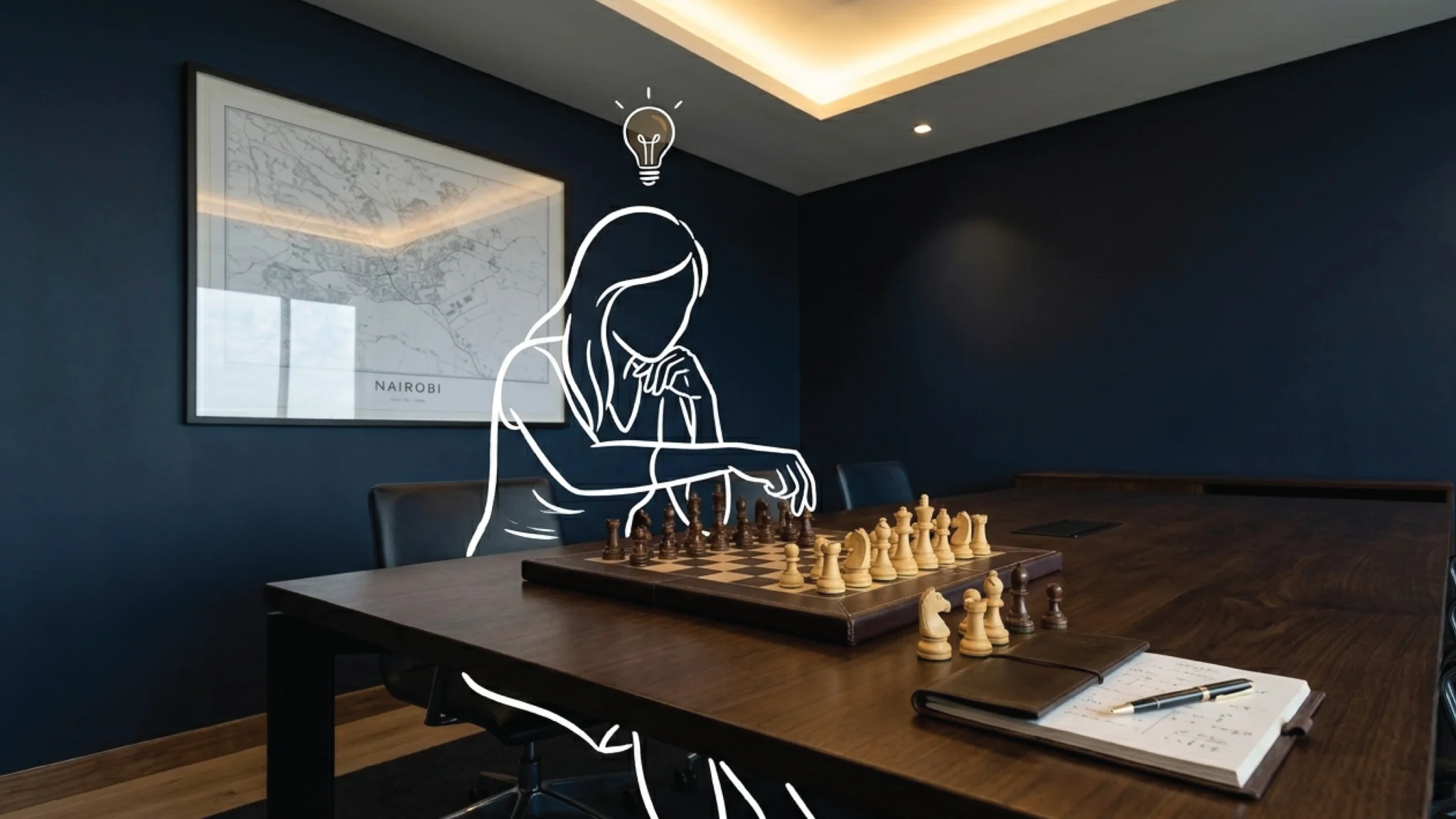 A chess set mid-game on a dark timber table in a premium Nairobi interior with deep navy walls, pieces positioned in considered play