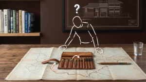 A brass compass resting on an open folded map spread across a dark timber table, its needle pointing slightly off the marked route