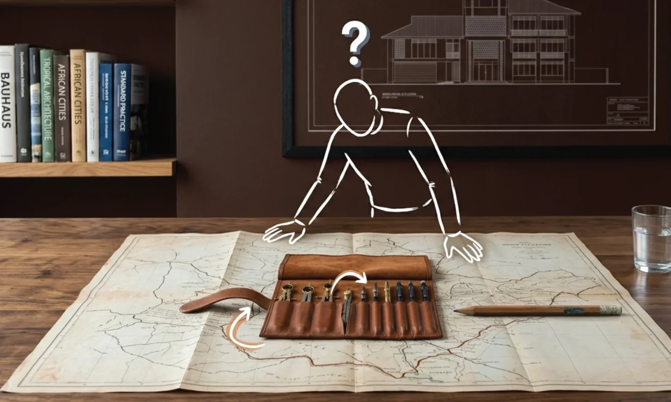 A brass compass resting on an open folded map spread across a dark timber table, its needle pointing slightly off the marked route