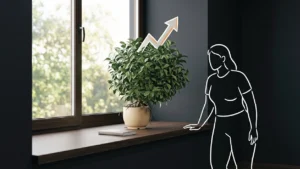 A healthy full-leafed plant visibly too large for its small ceramic pot on a dark timber windowsill, roots at the drainage holes, soft Nairobi greenery beyond the window