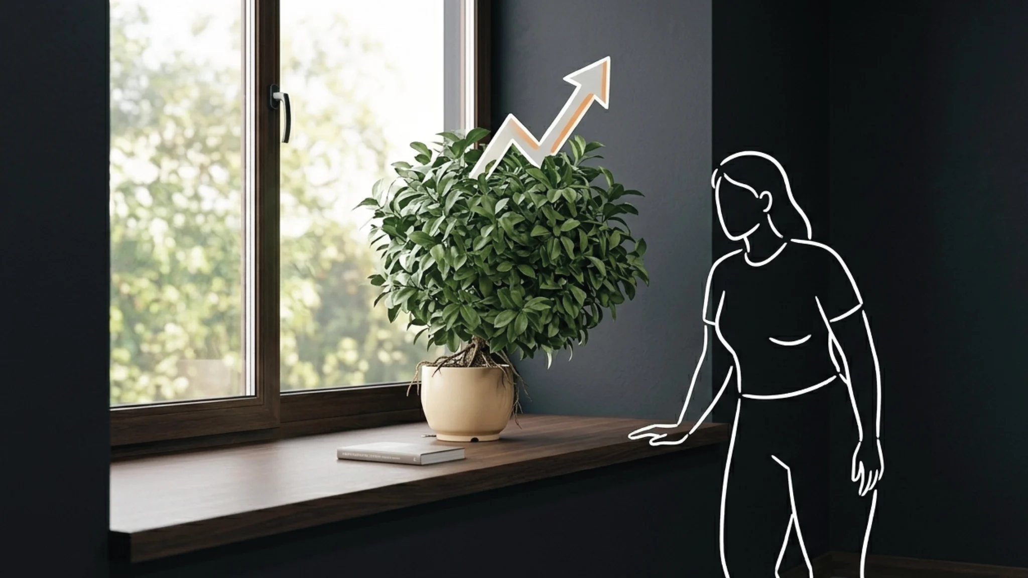 A healthy full-leafed plant visibly too large for its small ceramic pot on a dark timber windowsill, roots at the drainage holes, soft Nairobi greenery beyond the window