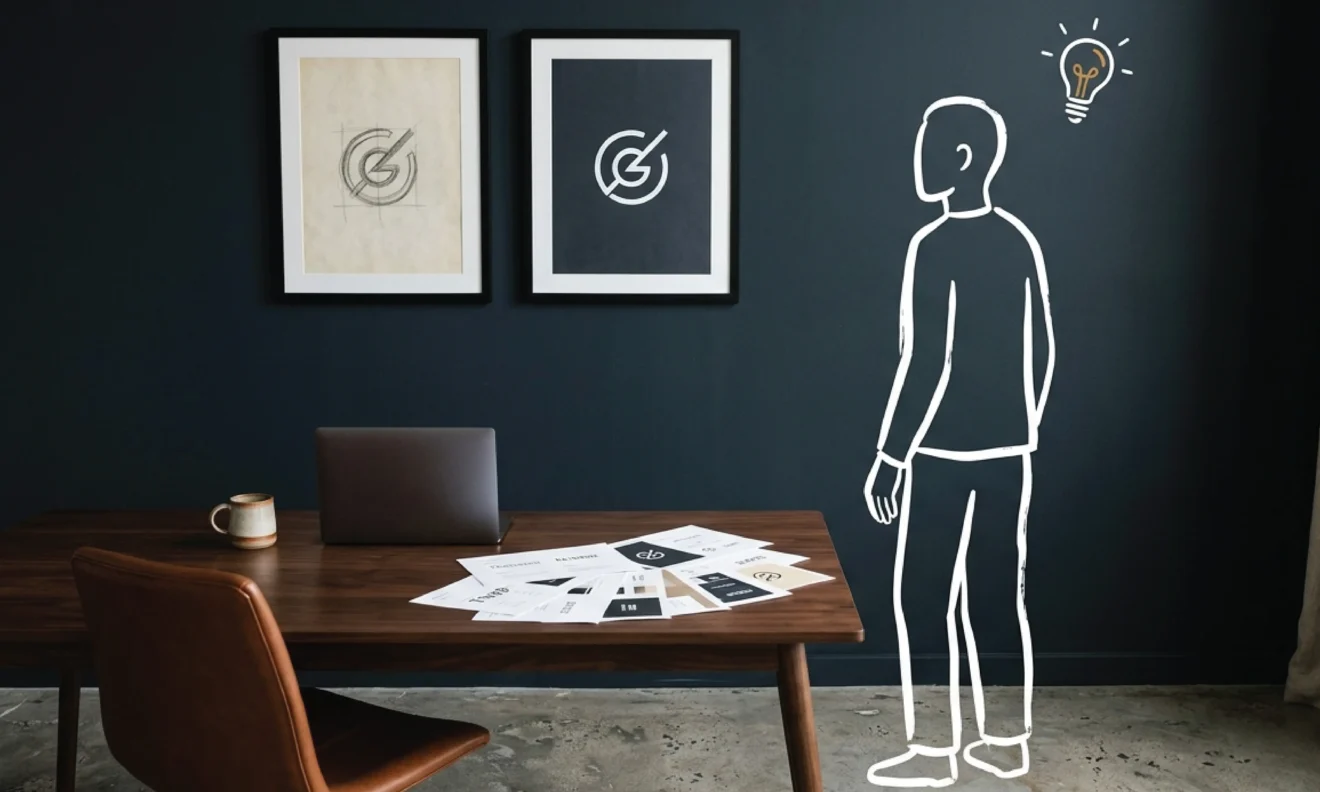 An empty dark walnut studio desk against a charcoal wall with two framed prints side by side showing a rough sketch and a resolved brand mark, with printed brand sheets fanned across the desk surface and a white line illustration of a standing figure looking toward the two prints in quiet consideration