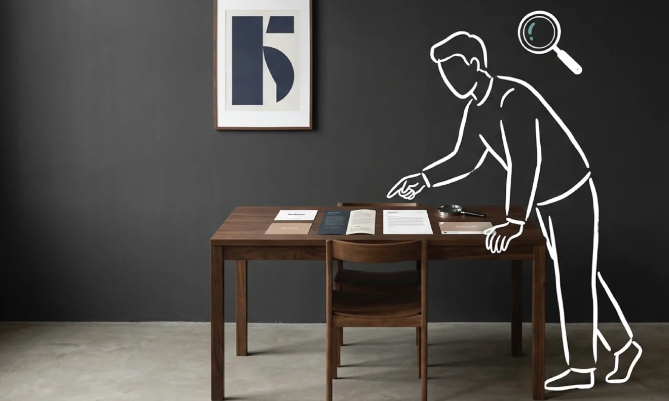 An empty dark walnut desk against a charcoal wall with four printed brand materials laid out in a deliberate grid, a business card, folded brochure, letterhead and social media banner each in slightly different colour tones, with a magnifying glass at the corner and a white line illustration of a standing figure leaning over the materials with one hand pointing at the business card