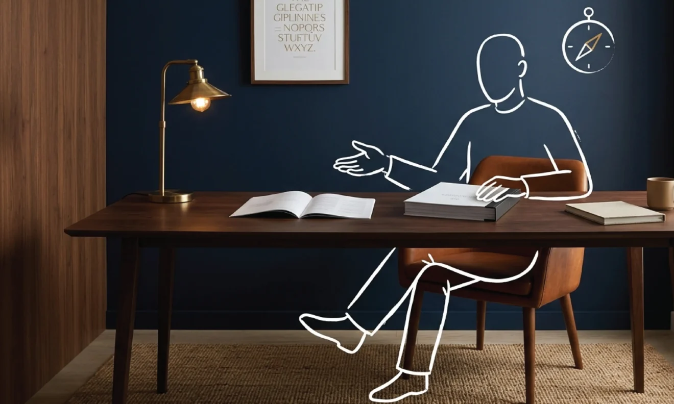 An empty dark walnut desk against a deep navy wall with a slim three-page booklet and a thicker bound document placed side by side, alongside a ceramic mug and desk lamp with a muted gold typographic print above, with a white line illustration of a seated figure with one hand on the thick document and the other gesturing toward the slim version