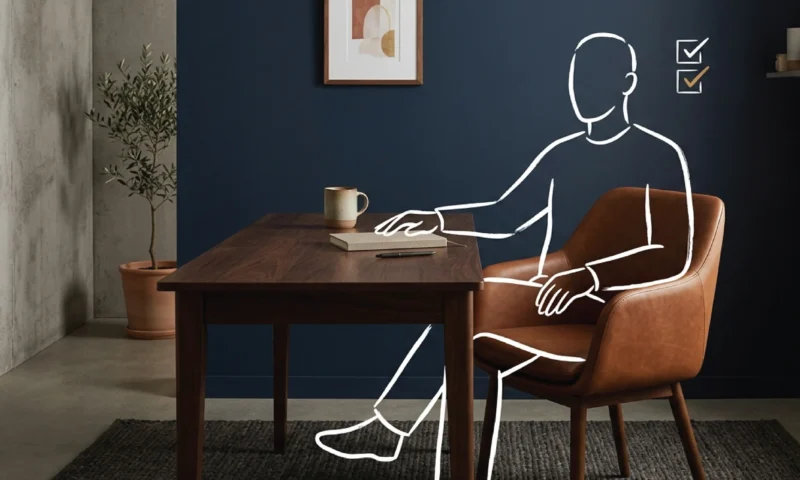 An empty dark walnut desk with a closed notebook, ceramic mug and single pen against a deep navy wall with a small framed abstract print, with a white line illustration of a seated figure with one hand resting open on the desk surface beside a floating checklist icon
