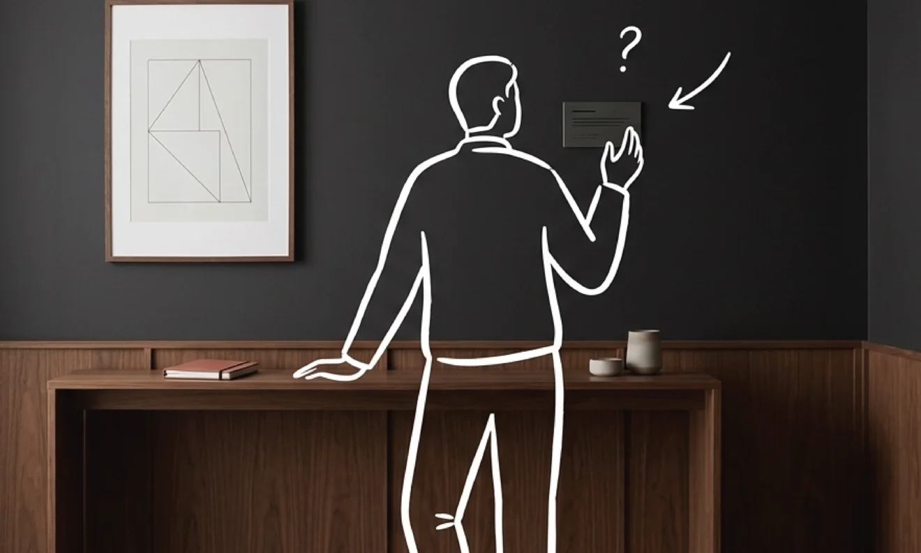 A minimal Nairobi reception area with charcoal walls and a walnut console, a white line illustration of a figure standing with one hand raised toward a wall plaque as if weighing a decision