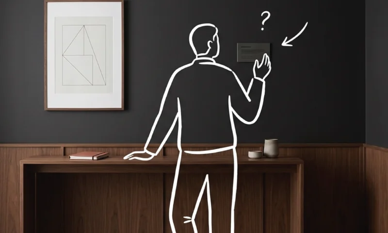 A minimal Nairobi reception area with charcoal walls and a walnut console, a white line illustration of a figure standing with one hand raised toward a wall plaque as if weighing a decision