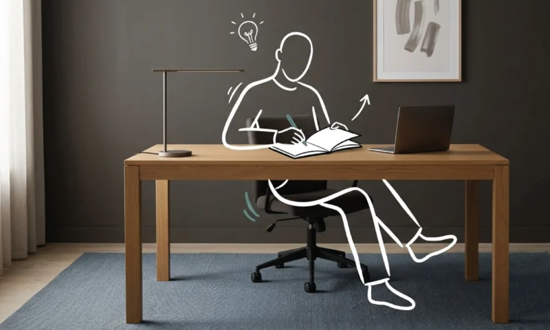 An empty charcoal-walled workspace in Nairobi with an oak desk and open notebook, a white line illustration of a seated figure leaning forward writing with a pen