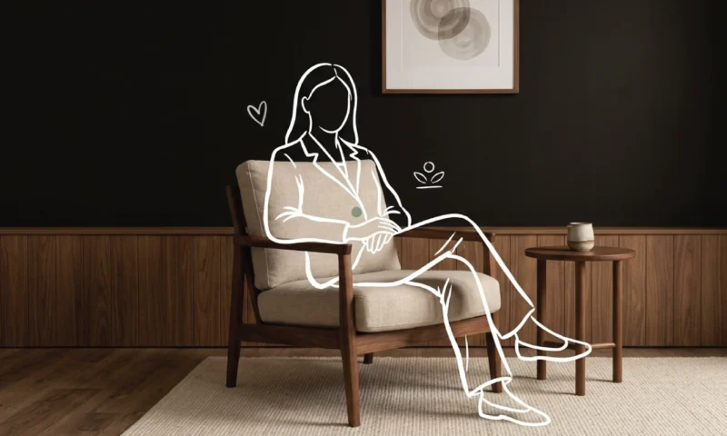 A calm Nairobi clinic waiting area with a warm black accent wall and a linen upholstered armchair, a white line illustration of a seated figure at rest with both hands in their lap