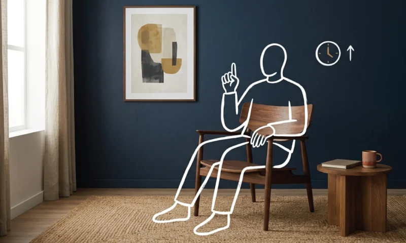 An empty mid-century walnut armchair beside a low timber side table with a closed notebook and ceramic mug, set against a deep navy wall with a framed abstract artwork, with a white line illustration of a seated figure holding one finger raised as if working through a checklist