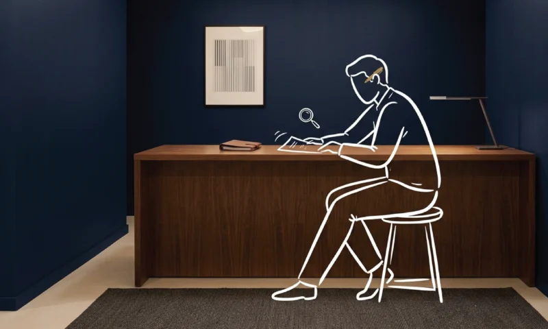 A quiet Nairobi professional reception with deep navy walls and a walnut console, a white line illustration of a seated figure leaning forward to review a document on the surface