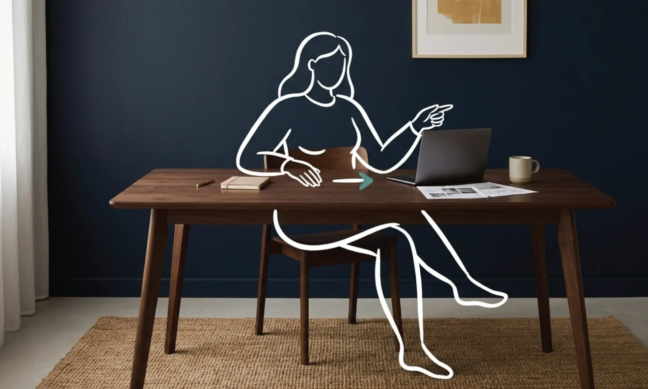 An empty dark walnut desk against a deep navy wall with two distinct object clusters, a small notebook and pen on the left and a laptop with printed sheets and a ceramic mug on the right, with a white line illustration of a seated figure gesturing from the left cluster toward the right