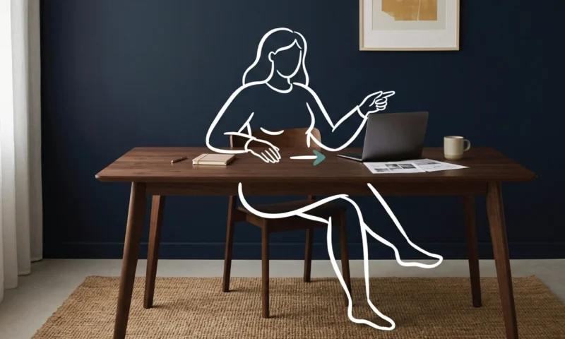 An empty dark walnut desk against a deep navy wall with two distinct object clusters, a small notebook and pen on the left and a laptop with printed sheets and a ceramic mug on the right, with a white line illustration of a seated figure gesturing from the left cluster toward the right