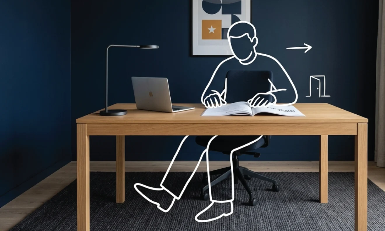 A clean Nairobi office with deep navy walls and a light oak desk, a white line illustration of a seated figure with both hands resting on an open brand guidelines document