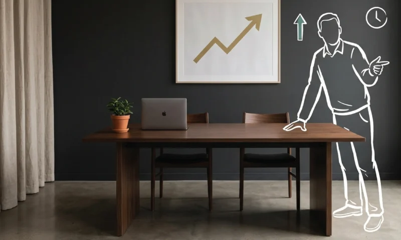 An empty dark walnut meeting table with two unoccupied chairs in a minimal conference room with a deep charcoal wall and a framed gold abstract print, with a white line illustration of a standing figure gesturing forward from the head of the table