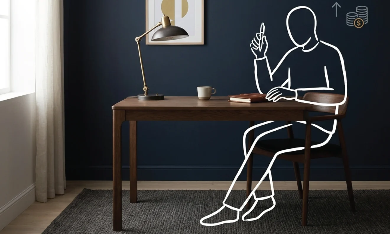 An empty dark oak desk with a closed leather notebook, ceramic mug and desk lamp against a deep navy wall with a muted gold geometric print, with a white line illustration of a seated figure holding a pen above the notebook
