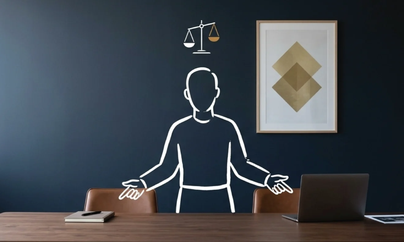 An empty dark walnut meeting table against a deep navy wall with a closed notebook and pen at one end and a closed laptop with a printed sheet at the other, two empty leather chairs facing each other, with a white line illustration of a standing figure between the chairs with arms extended gesturing toward both table items and a balanced scale icon above
