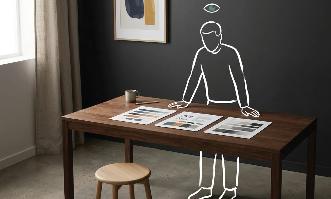 An empty dark walnut desk against a deep charcoal wall with three printed A3 direction sheets laid side by side showing colour swatches, typographic samples and tonal textures, with a white line illustration of a standing figure leaning forward with both hands on the desk examining the sheets