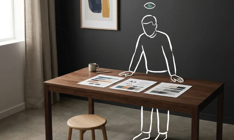 An empty dark walnut desk against a deep charcoal wall with three printed A3 direction sheets laid side by side showing colour swatches, typographic samples and tonal textures, with a white line illustration of a standing figure leaning forward with both hands on the desk examining the sheets